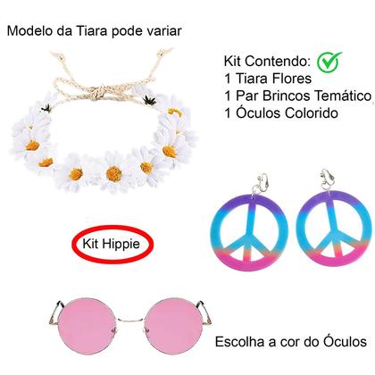 Imagem de Kit Acessório Fantasia Hippie Feminina Festa Anos 70 Carnaval: Óculos + Brincos + Tiara Flores = 3 Produtos