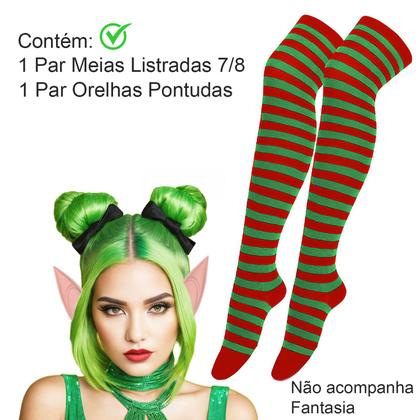 Imagem de Kit Acessório Fantasia: Meia Longa Listrada 7/8 Duende Natal + Orelha Elfo Fada Cosplay