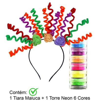 Imagem de Kit Acessório Fantasia: Tiara Molinha Maluca + Torre 6 Cores Sombra Neon - Carnaval Festa Balada