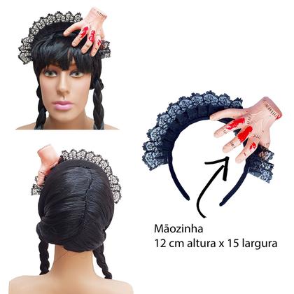 Imagem de Kit Acessório Fantasia Wandinha Halloween: Peruca Trança + Tiara Mãozinha + Meia 7/8 = 3 Produtos Temáticos
