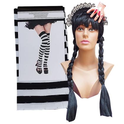 Imagem de Kit Acessório Fantasia Wandinha Halloween: Peruca Trança + Tiara Mãozinha + Meia 7/8 = 3 Produtos Temáticos