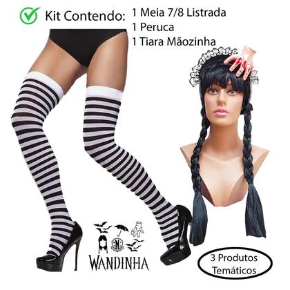 Imagem de Kit Acessório Fantasia Wandinha Halloween: Peruca Trança + Tiara Mãozinha + Meia 7/8 = 3 Produtos Temáticos