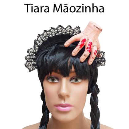 Imagem de Kit Acessório Fantasia Wandinha Halloween: Peruca Trança + Tiara Mãozinha + Meia 7/8 = 3 Produtos Temáticos