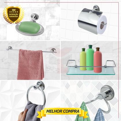 Imagem de Kit Acessório Para Banheiro Aço Inox 6 Peças Com Porta Shampoo Vidro Retangular Cód. 4610