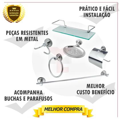 Imagem de Kit Acessório Para Banheiro Aço Inox 6 Peças Com Porta Shampoo Vidro Retangular Cód. 4610