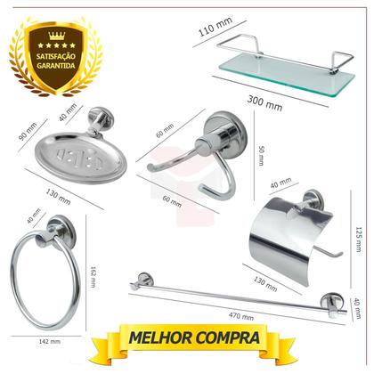 Imagem de Kit Acessório Para Banheiro Aço Inox 6 Peças Com Porta Shampoo Vidro Retangular Cód. 4610