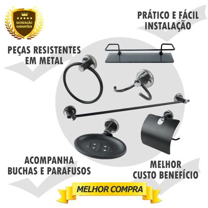 Imagem de Kit Acessório Para Banheiro Aço Inox 6 Peças Com Porta Shampoo Vidro Retangular PRETO FOSCO Cód. 1810