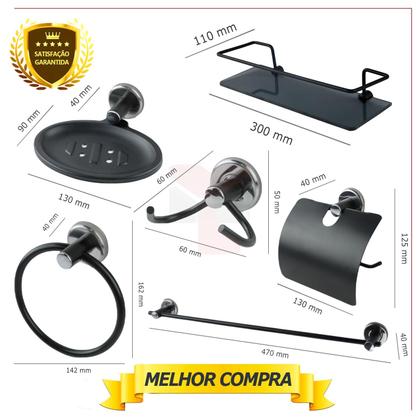 Imagem de Kit Acessório Para Banheiro Aço Inox 6 Peças Com Porta Shampoo Vidro Retangular PRETO FOSCO Cód. 1810