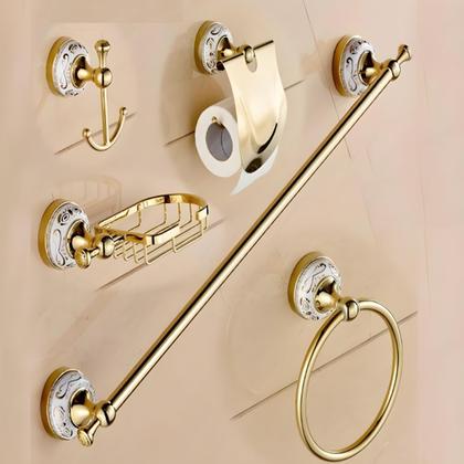 Imagem de Kit Acessórios Banheiro 5 Peças Dourado Com Porcelana Luxo