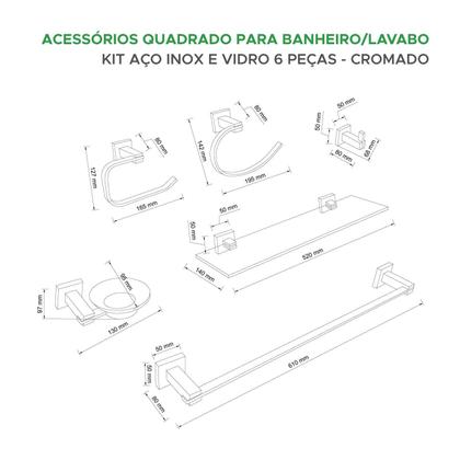 Imagem de Kit Acessórios Banheiro Em Aço Inox E Vidro 6 Peças Cromado