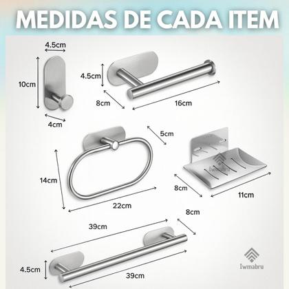 Imagem de Kit Acessórios Banheiro Lavabo Aço Inox Autoadesivo Com 5 Peças Cor Inox e Preto Fosco