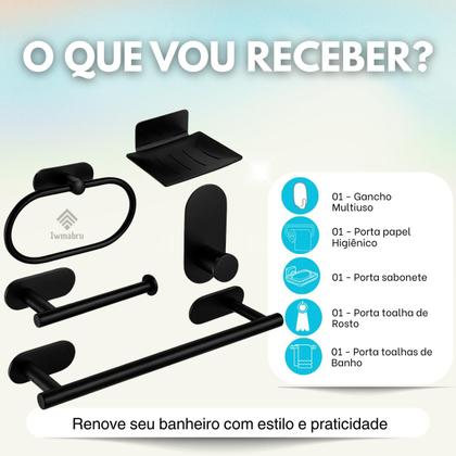 Imagem de Kit Acessórios Banheiro Lavabo Aço Inox Autoadesivo Com 5 Peças Cor Inox e Preto Fosco
