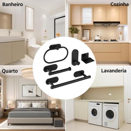 Imagem de Kit Acessórios Banheiro Lavabo Aço Inox Autoadesivo Com 5 Peças Cor Inox e Preto Fosco