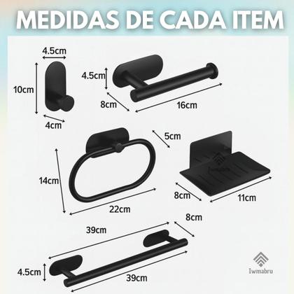 Imagem de Kit Acessórios Banheiro Lavabo Aço Inox Autoadesivo Com 5 Peças Cor Inox e Preto Fosco