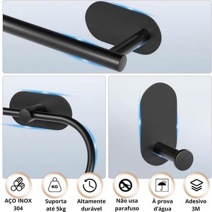 Imagem de Kit Acessórios Banheiro Lavabo Aço Inox Autoadesivo Com 5 Peças Cor Inox e Preto Fosco