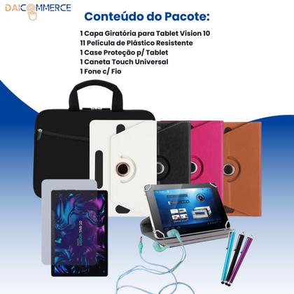 Imagem de Kit Acessórios Essenciais p/ Tablet Vision Tab 10: Capa 360, Luva, Película, Caneta, Fone