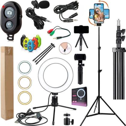 Imagem de Kit Acessórios Gravação Tripé Suporte Celular Vertical Microfone Luz Led Controle Video Filmagem