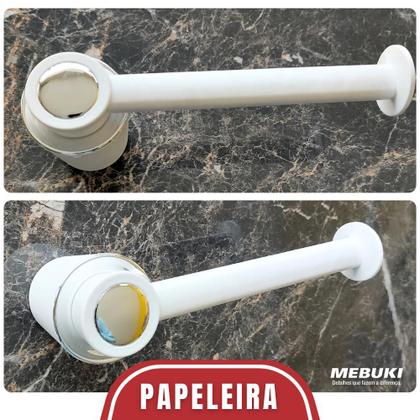 Imagem de Kit Acessórios Para Banheiro Porta-Papel Higiênico Saboneteira Cabides Toalheiro 5 Peças Linha Vogue Design Moderno Cores Branco e Cromado Mebuki