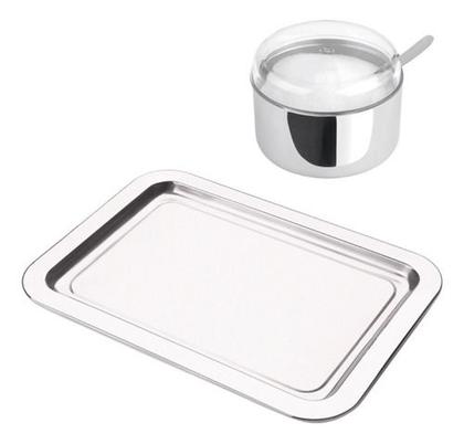 Imagem de Kit Açucareiro Inox Com Tampa E Bandeja Pop Inox Retangular Café Chá Mesa Posta