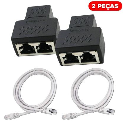 Imagem de Kit Adaptador Duplicador Cabo Rede Rj45 + 2 Cabo 1M Internet