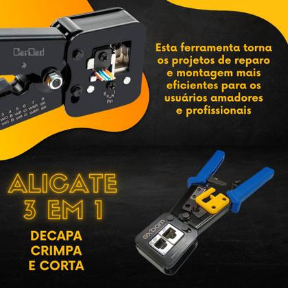 Imagem de Kit Alicate Crimpador Decapador Corta Fio Profissional + 10 Peças Conector RJ45 Vazado Blindado