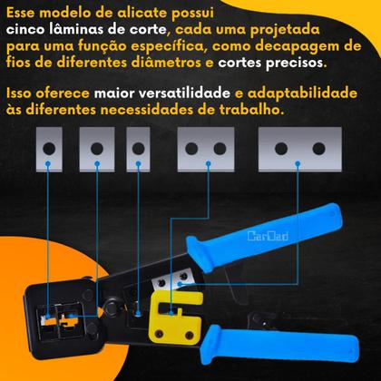 Imagem de Kit Alicate Crimpador Decapador Corta Fio Profissional + 10 Peças Conector RJ45 Vazado Blindado