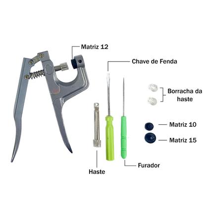 Imagem de Kit Alicate De Pressão Prega Botão Plástico + Box Organizador com 120 Botões Rita Coração 10mm 12mm