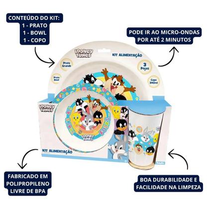 Imagem de Kit Alimentação Looney Tunes 3 peças - Prato, Bowl e Copo BabyGo