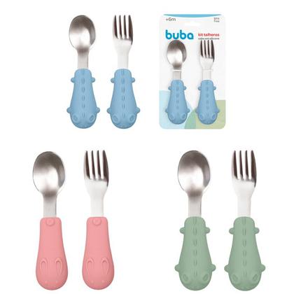 Imagem de Kit Alimentação Talheres Infantil Cabo Em Silicone Bebê Buba