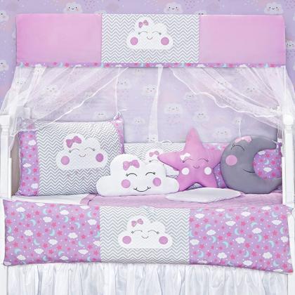 Imagem de Kit Almofadas Protetores Berço Americano Menina Rosa Nuvem Estrela Lua 8 peças
