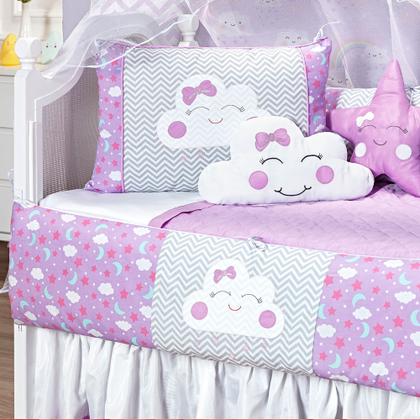Imagem de Kit Almofadas Protetores Berço Americano Menina Rosa Nuvem Estrela Lua 8 peças