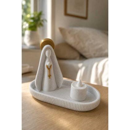 Imagem de Kit Altar Moderno Nossa Senhora com Bandeja Porta-Terço e Vela de LED - Cor Mármore