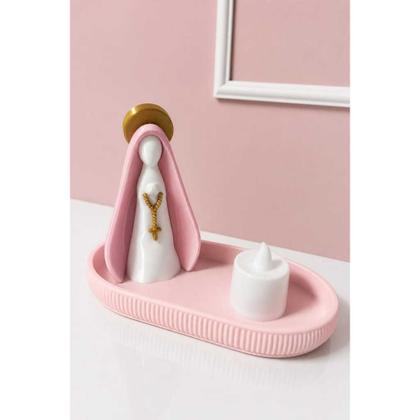 Imagem de Kit Altar Moderno Nossa Senhora com Bandeja Porta-Terço e Vela de LED - Cor Rosa