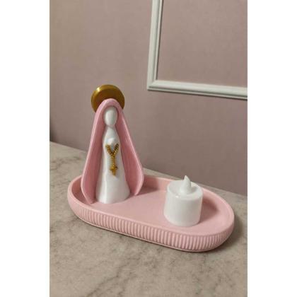 Imagem de Kit Altar Moderno Nossa Senhora com Bandeja Porta-Terço e Vela de LED - Cor Rosa