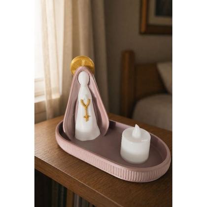 Imagem de Kit Altar Moderno Nossa Senhora com Bandeja Porta-Terço e Vela de LED - Cor Rosé