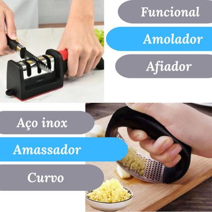 Imagem de KIT Amassador de Alho Ralador Inox Prático + Amolador de Facas e tesouras