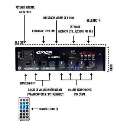 Imagem de Kit Amplificador Som Ambiente Receiver Orion RC7000 + 4 Arandelas Embutir Full Range 55w RMS Branco- Leson