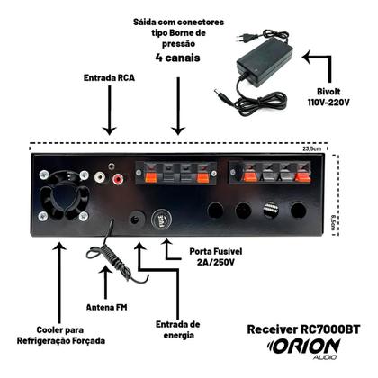 Imagem de Kit Amplificador Som Ambiente Receiver Orion RC7000 + 4 Arandelas Embutir Full Range 55w RMS Branco- Leson