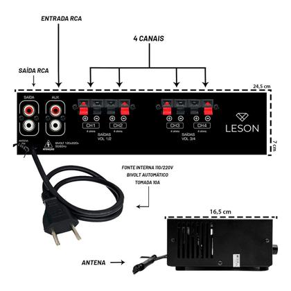Imagem de Kit Amplificador Som Ambiente Receiver Orion RC7000 + 4 Arandelas Embutir Full Range 55w RMS Branco- Leson
