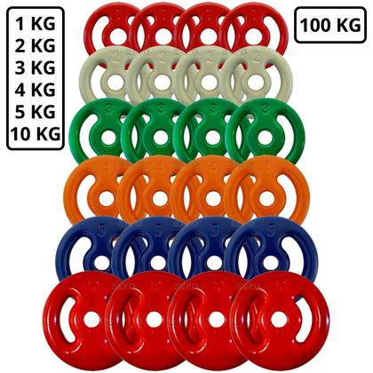 Imagem de Kit Anilhas Emborrachadas 100Kg + 4 Barras com Presilhas