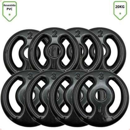 Imagem de Kit Anilhas Emborrachadas Preta 20 Kg + Barras com Presilhas