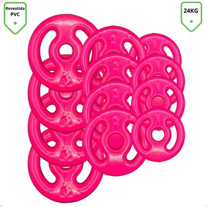 Imagem de Kit Anilhas Emborrachadas Rosa 24 Kg + Barras com Presilhas