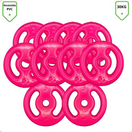 Imagem de Kit Anilhas Emborrachadas Rosa 30 Kg + Barras com Presilhas