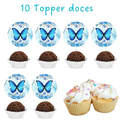 Imagem de Kit aniversário decoração borboleta azul teens só um bolinho festa em casa + maquiagem