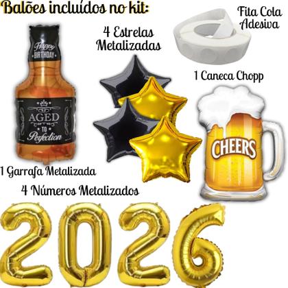 Imagem de Kit Ano Novo 2026: Balões Metalizados Grandes 4 Balões Números 75cm + 4 Estelas Metalizadas 45cm- Festa Réveillon