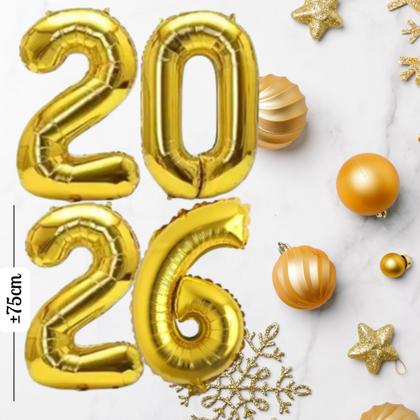 Imagem de Kit Ano Novo 2026: Balões Metalizados Grandes 4 Balões Números 75cm + 4 Estelas Metalizadas 45cm- Festa Réveillon