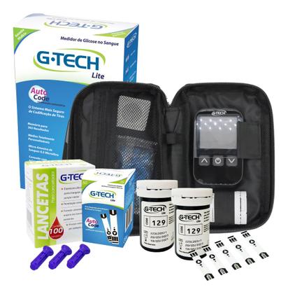 Imagem de Kit Aparelho Medidor De Glicemia Completo com 100 Tiras + 100 Lancetas G-tech Lite