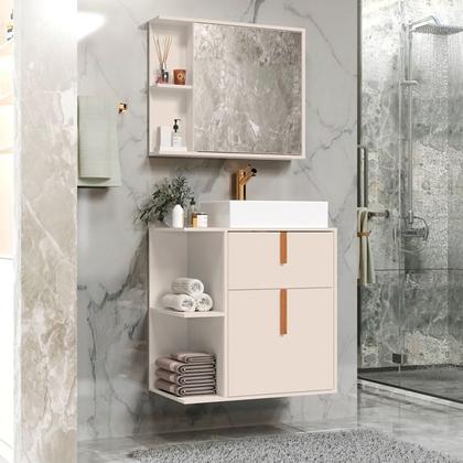 Imagem de Kit Armário Organizador Gabinete Para Banheiro Com Espelheira E Cuba 2 Portas Argos Off White Com Nature G2 Plus