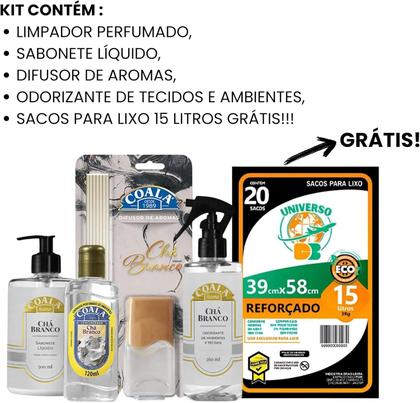 Imagem de Kit Aromas Coala Chá Branco 4 Produtos Difusor, Limpador Concentrado, Sabonete Líquido, Spray Tecidos 20 Sacos de Lixo 15L