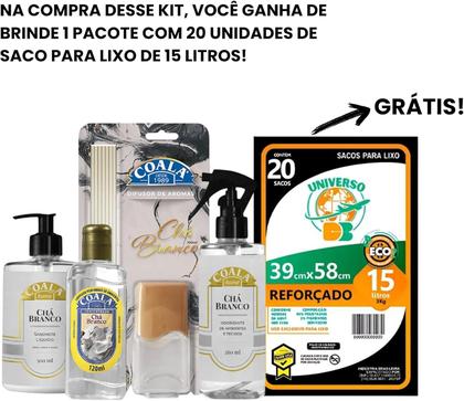 Imagem de Kit Aromas Coala Chá Branco 4 Produtos Difusor, Limpador Concentrado, Sabonete Líquido, Spray Tecidos 20 Sacos de Lixo 15L
